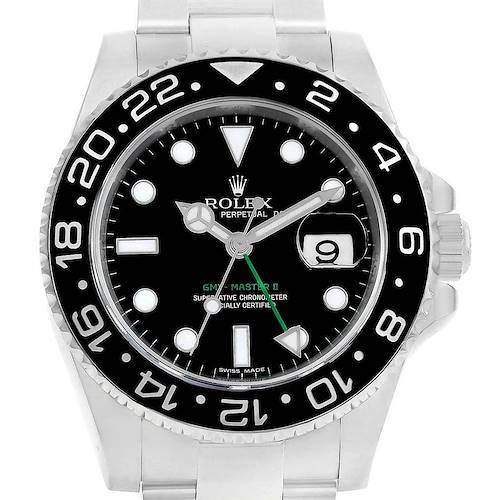 The image shows a front view of a Rolex GMT-Master 116710 Men's Stainless Steel Black Dial 116710 Men's Stainless Steel Black Dial II watch, highlighting its bezel, dial, hands, and date function.