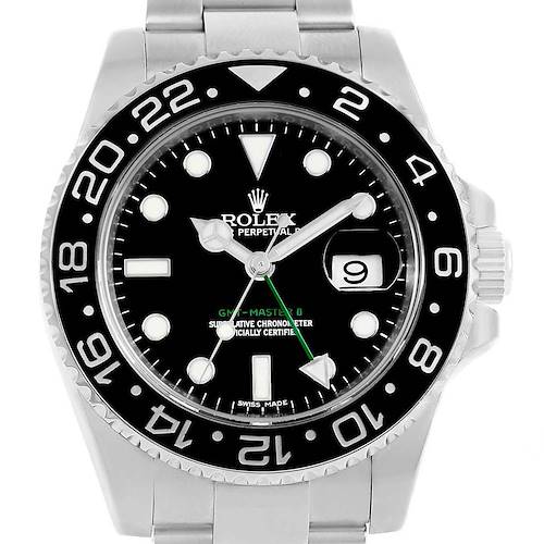 The image shows a front view of a Rolex GMT-Master 116710 Men's Stainless Steel Black Dial 116710 Men's Stainless Steel Black Dial watch, highlighting the dial, bezel, crown, and part of the bracelet.