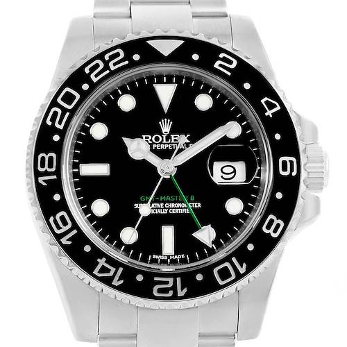 The image shows a Rolex GMT-Master 116710 Men's Stainless Steel Black Dial 116710 Men's Stainless Steel Black Dial watch taken from a front angle, highlighting the dial, bezel, and part of the bracelet.