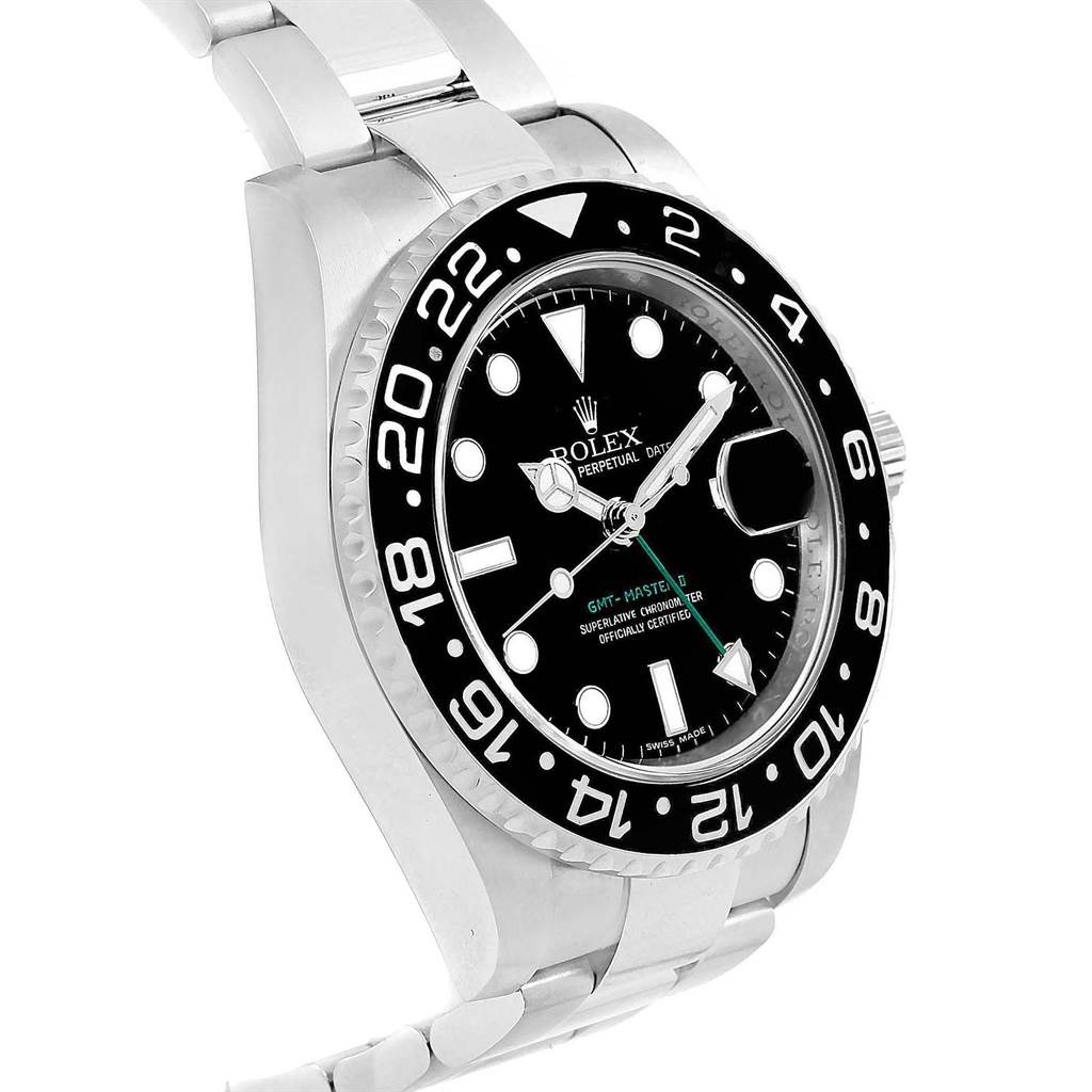 The image shows a Rolex GMT-Master 116710 Men's Stainless Steel Black Dial 116710 Men's Stainless Steel Black Dial watch at an angled view, displaying the face, bezel, part of the band, and the crown.