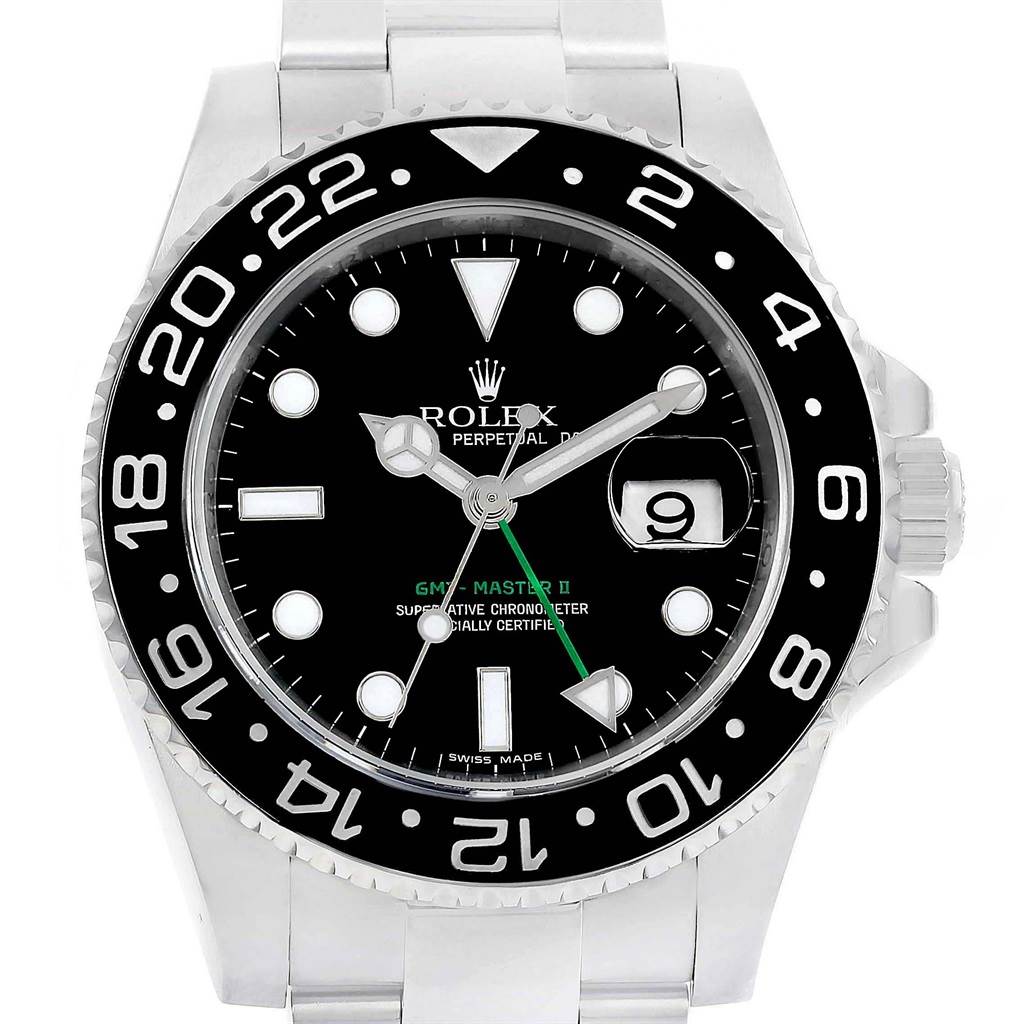 The image shows a front-facing view of a Rolex GMT-Master 116710 Men's Stainless Steel Black Dial 116710 Men's Stainless Steel Black Dial II watch, highlighting the bezel, dial, hands, and bracelet.