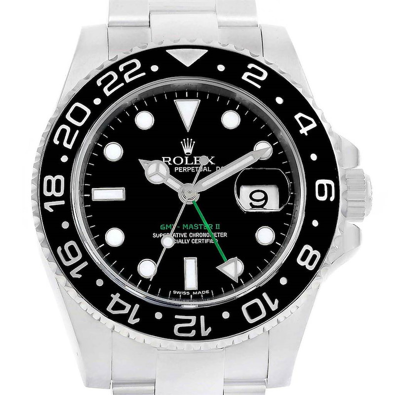 The image shows a front-facing view of a Rolex GMT-Master 116710 Men's Stainless Steel Black Dial 116710 Men's Stainless Steel Black Dial II watch, highlighting the bezel, dial, hands, and bracelet.