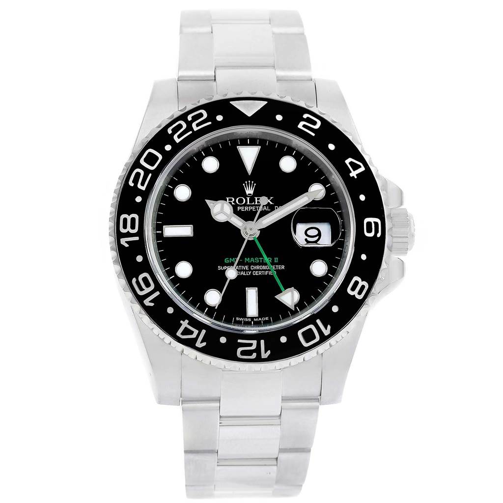 The image shows a front view of a Rolex GMT-Master 116710 Men's Stainless Steel Black Dial 116710 Men's Stainless Steel Black Dial II watch, highlighting its bezel, dial, hands, and bracelet.