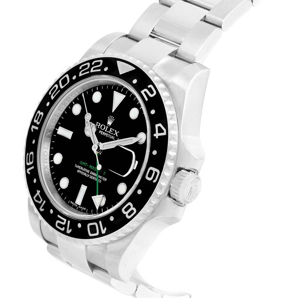 The image shows a Rolex GMT-Master 116710 Men's Stainless Steel Black Dial 116710 Men's Stainless Steel Black Dial watch at a three-quarter angle, highlighting the dial, bezel, case, crown, and part of the bracelet.