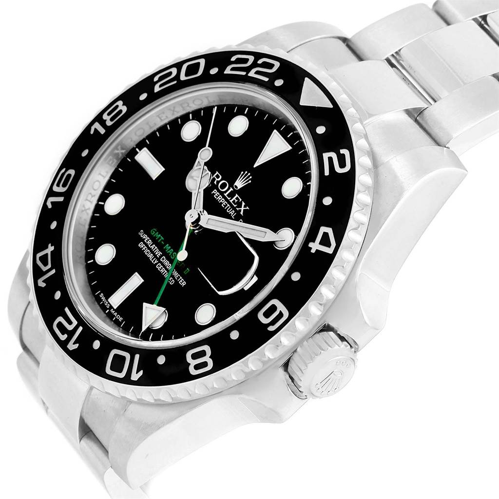 This image shows a Rolex GMT-Master 116710 Men's Stainless Steel Black Dial 116710 Men's Stainless Steel Black Dial watch at an angle highlighting the bezel, dial, case, and bracelet.