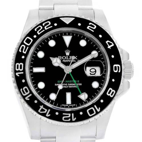The image shows a front view of a Rolex GMT-Master 116710 Men's Stainless Steel Black Dial 116710 Men's Stainless Steel Black Dial II watch, displaying its dial, bezel, and part of its bracelet.