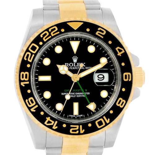 The image shows a frontal view of the Rolex GMT-Master 116713 Men's Stainless Steel Black Dial 116713 Men's Stainless Steel Black Dial II watch, highlighting its bezel, dial, hands, and date window.