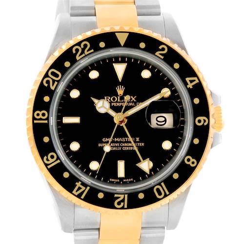 The image shows the Rolex GMT-Master 16713 Men's Stainless Steel Black Dial 16713 Men's Stainless Steel Black Dial II watch from a front angle, highlighting its black dial, two-tone bracelet, and numbered bezel.