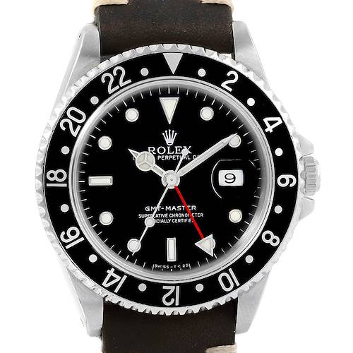 This image shows a front view of a Rolex GMT-Master 16700 Men's Stainless Steel Black Dial 16700 Men's Stainless Steel Black Dial watch, highlighting its black dial, rotating bezel, and date display.