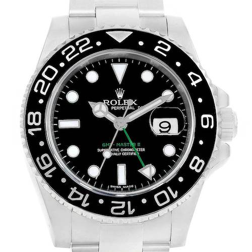 The image shows a front view of the Rolex GMT-Master 116710 Men's Stainless Steel Black Dial 116710 Men's Stainless Steel Black Dial II watch, displaying its dial, bezel, and part of the bracelet.