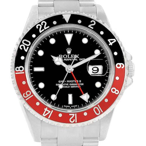 The image shows a front view of a Rolex GMT-Master 16710 Men's Stainless Steel Black Dial 16710 Men's Stainless Steel Black Dial II watch, displaying its face, bezel, and part of the bracelet.