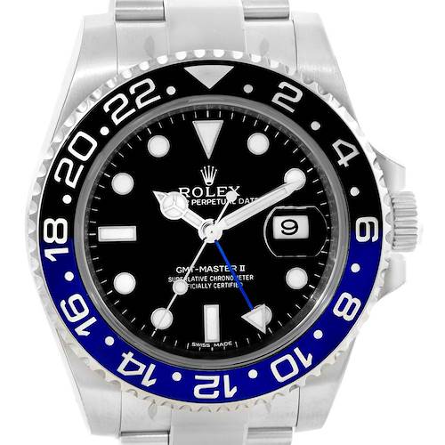 The image shows a front view of the Rolex GMT-Master 116710 Men's Stainless Steel Black Dial 116710 Men's Stainless Steel Black Dial II watch, highlighting its bezel, dial, and bracelet.