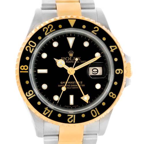 The image shows the front view of a Rolex GMT-Master 16713 Men's Stainless Steel Black Dial 16713 Men's Stainless Steel Black Dial II, highlighting the dial, bezel, and part of the bracelet.