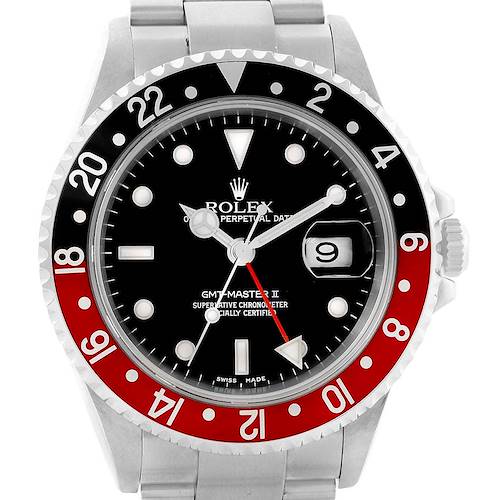 The image shows a front view of the Rolex GMT-Master 16710 Men's Stainless Steel Black Dial 16710 Men's Stainless Steel Black Dial II watch, highlighting the bezel, dial, hands, date display, and part of the bracelet.