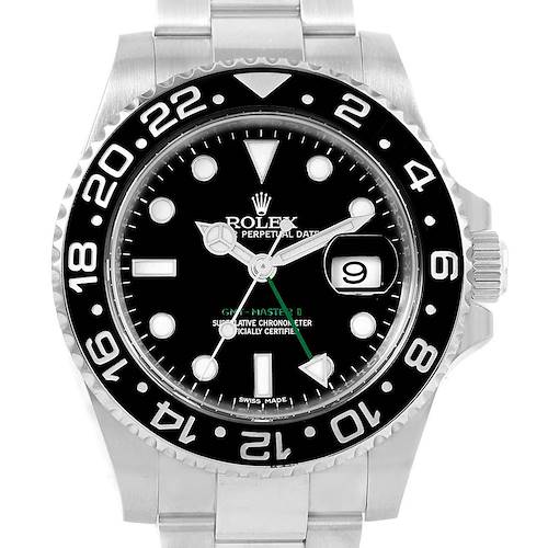 This image shows a front view of the Rolex GMT-Master 116710 Men's Stainless Steel Black Dial 116710 Men's Stainless Steel Black Dial model watch, highlighting its dial, bezel, hands, and bracelet.