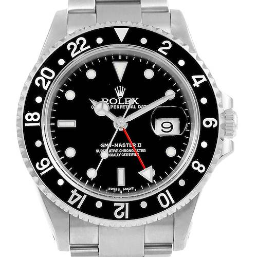 This image shows a front view of the Rolex GMT-Master 16710 Men's Stainless Steel Black Dial 16710 Men's Stainless Steel Black Dial II watch, highlighting its bezel, dial, hands, date window, and bracelet.