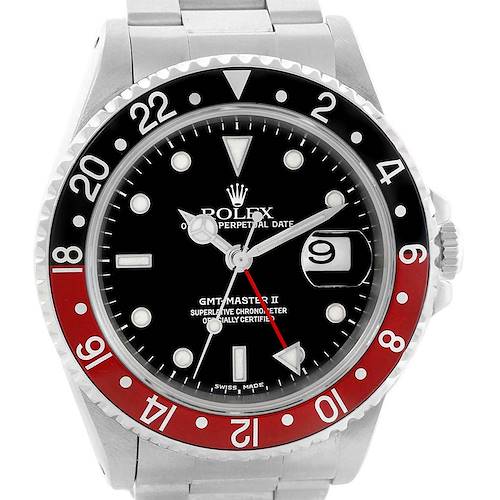 The Rolex GMT-Master 16710 Men's Stainless Steel Black Dial 16710 Men's Stainless Steel Black Dial watch is shown from a frontal angle, displaying its bezel, dial, hands, date, and crown.