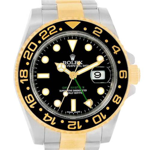 The image shows a front view of a Rolex GMT-Master 116713 Men's Stainless Steel Black Dial 116713 Men's Stainless Steel Black Dial II watch, highlighting its black dial and two-tone gold and silver case.