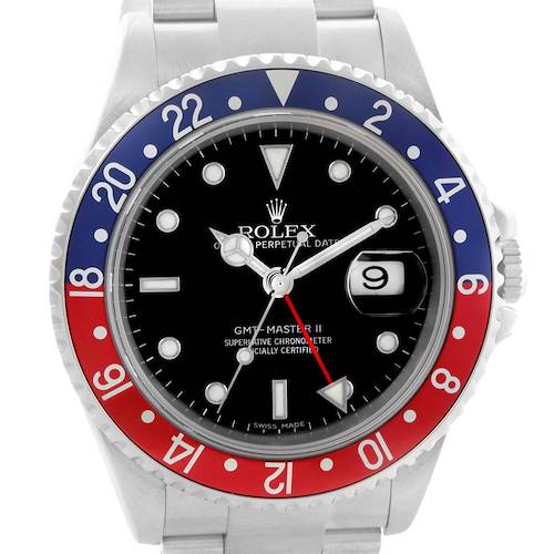 This image shows the Rolex GMT-Master 16710 Men's Stainless Steel Black Dial 16710 Men's Stainless Steel Black Dial II watch from a front angle, highlighting the dial, bezel, crown, and bracelet.