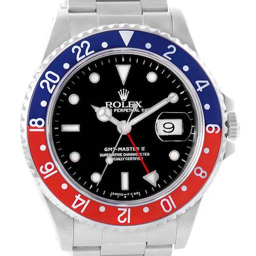This image shows the front view of a Rolex GMT-Master 16710 Men's Stainless Steel Black Dial 16710 Men's Stainless Steel Black Dial II watch, displaying the dial, bezel, and part of the bracelet.