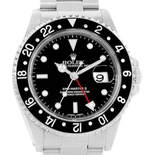 The image shows a front view of a Rolex GMT-Master 16710 Men's Stainless Steel Black Dial 16710 Men's Stainless Steel Black Dial II watch, featuring its dial, bezel, and part of the bracelet.