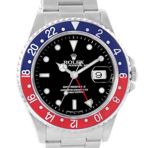 The Rolex GMT-Master 16710 Men's Stainless Steel Black Dial 16710 Men's Stainless Steel Black Dial II watch is shown from the front, displaying the dial, bezel, hands, date window, and part of the bracelet.