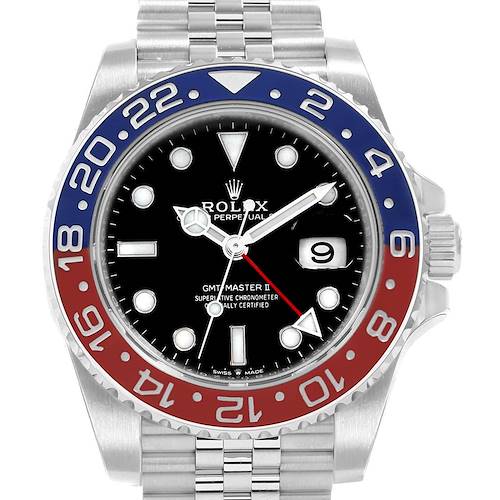 The image shows a front view of a Rolex GMT-Master 126710 Men's Stainless Steel Black Dial 126710 Men's Stainless Steel Black Dial watch, highlighting its bezel, dial, and date window.