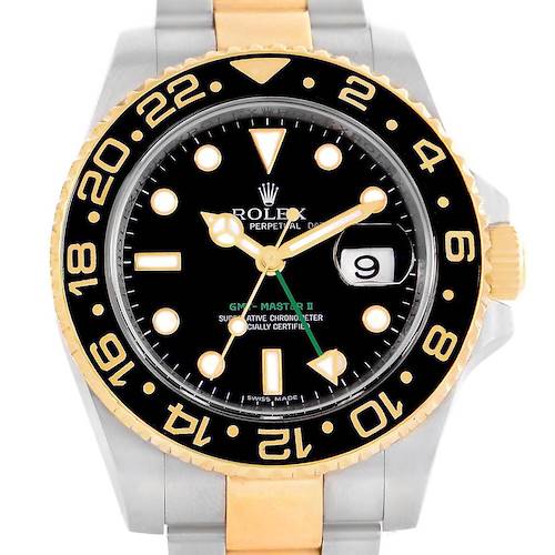 The image shows a close-up view of the Rolex GMT-Master 116713 Men's Stainless Steel Black Dial 116713 Men's Stainless Steel Black Dial II watch face, bezel, dial, hands, and part of the bracelet.