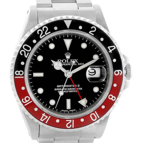 The image shows a front view of a Rolex GMT-Master 16710 Men's Stainless Steel Black Dial 16710 Men's Stainless Steel Black Dial II watch featuring a red and black bezel, date window, and stainless steel bracelet.