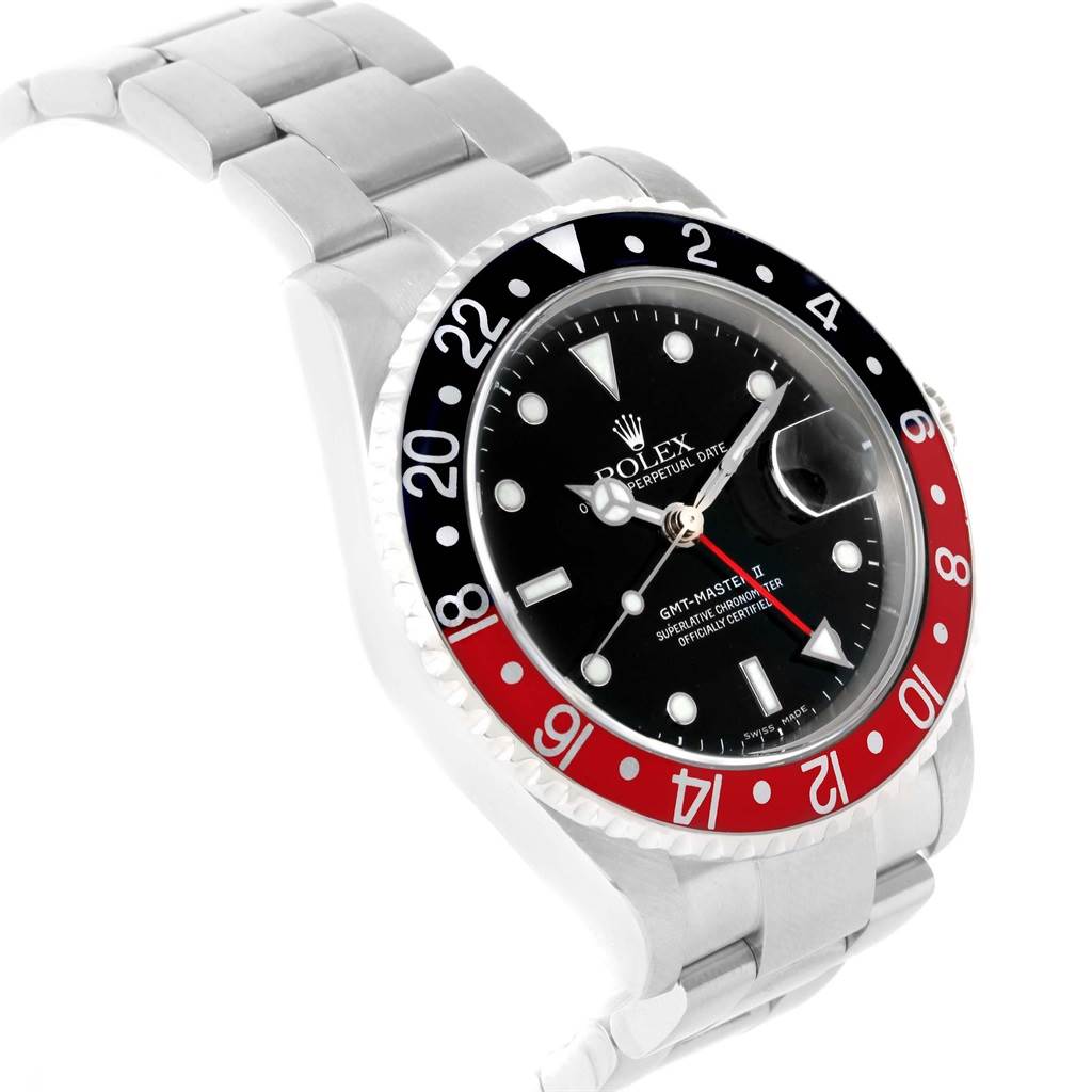 The image shows the front and side angle of the Rolex GMT-Master 16710 Men's Stainless Steel Black Dial 16710 Men's Stainless Steel Black Dial, highlighting its bezel, dial, and bracelet.