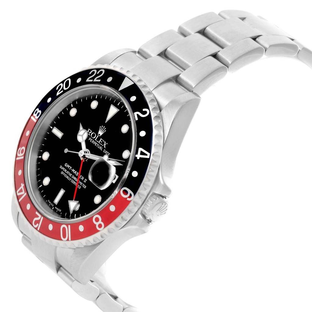 The Rolex GMT-Master 16710 Men's Stainless Steel Black Dial 16710 Men's Stainless Steel Black Dial watch is shown at a side angle, highlighting the bezel, dial, and part of the bracelet.
