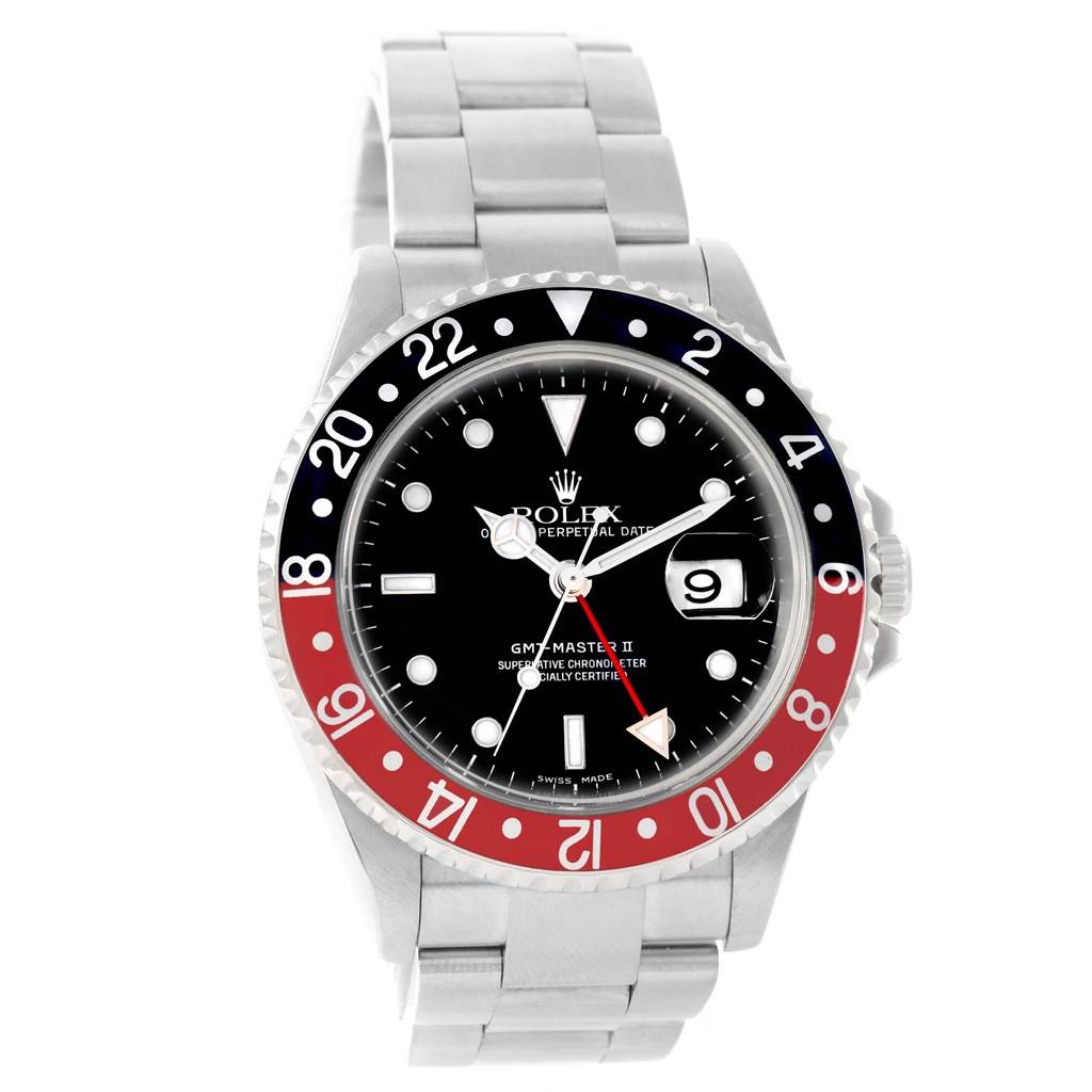 This image shows a Rolex GMT-Master 16710 Men's Stainless Steel Black Dial 16710 Men's Stainless Steel Black Dial watch from a front angle, highlighting the dial, bezel, and bracelet.