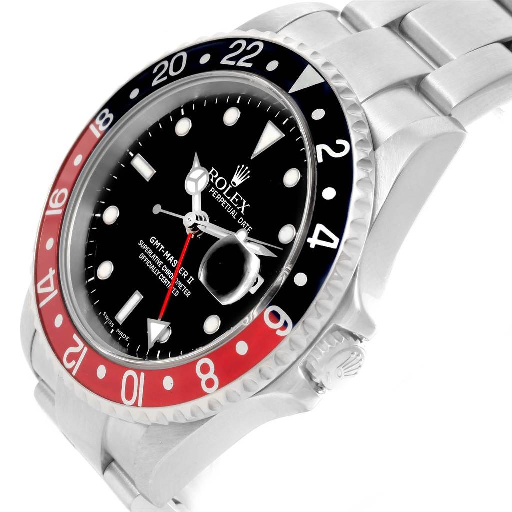 The image shows a Rolex GMT-Master 16710 Men's Stainless Steel Black Dial 16710 Men's Stainless Steel Black Dial watch at an angle highlighting the face, bezel, and part of the bracelet.