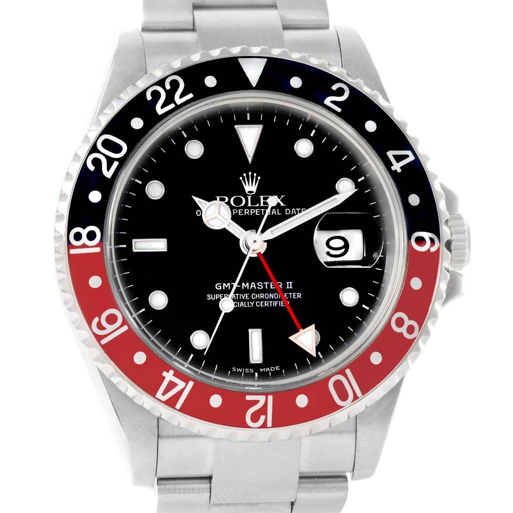 This Rolex GMT-Master 16710 Men's Stainless Steel Black Dial 16710 Men's Stainless Steel Black Dial model is shown from a front angle, highlighting its dial, bezel, and part of the metal bracelet.