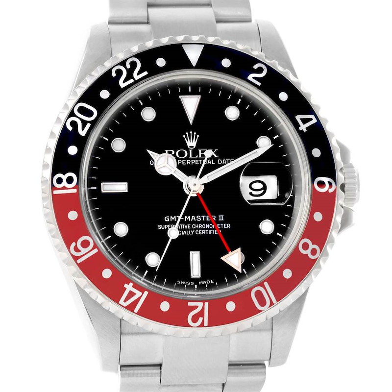 This Rolex GMT-Master 16710 Men's Stainless Steel Black Dial 16710 Men's Stainless Steel Black Dial model is shown from a front angle, highlighting its dial, bezel, and part of the metal bracelet.