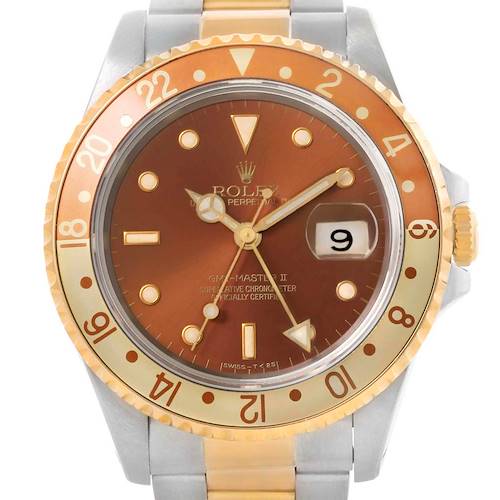 This image shows a front view of the Rolex GMT-Master 16713 Men's Stainless Steel Brown Dial 16713 Men's Stainless Steel Brown Dial II watch with a brown and gold bezel and a matching brown dial.