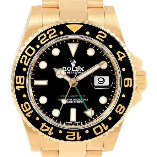 This image shows a frontal view of the Rolex GMT-Master 116718 Men's Yellow Gold Black Dial 116718 Men's Yellow Gold Black Dial II watch, highlighting its black dial, gold casing, and bezel.
