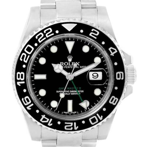 This image shows a frontal view of the Rolex GMT-Master 116710 Men's Stainless Steel Black Dial 116710 Men's Stainless Steel Black Dial II watch, highlighting the dial, bezel, and bracelet.