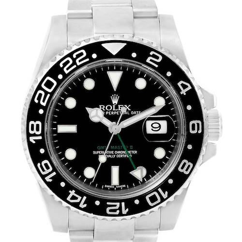 This image shows a front view of a Rolex GMT-Master 116710 Men's Stainless Steel Black Dial 116710 Men's Stainless Steel Black Dial II watch, highlighting the face, bezel, and part of the bracelet.