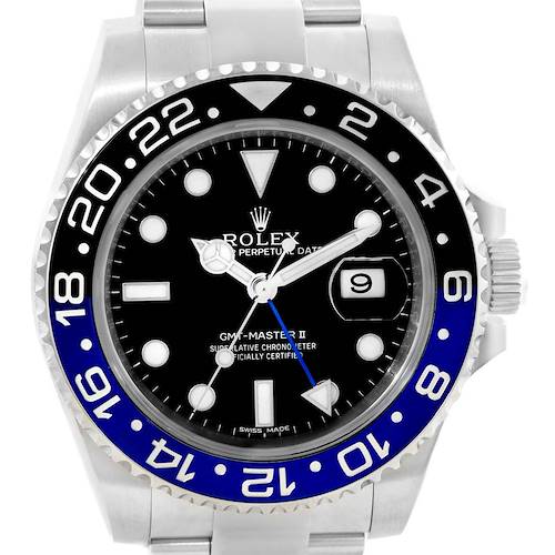 This Rolex GMT-Master 116710 Men's Stainless Steel Black Dial 116710 Men's Stainless Steel Black Dial watch is shown from a front view, highlighting the dial, bezel, and part of the bracelet.