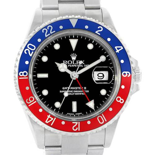 This image shows the face and bezel of a Rolex GMT-Master 16710 Men's Stainless Steel Black Dial 16710 Men's Stainless Steel Black Dial II watch, with a red and blue 24-hour bezel and a black dial displaying the date.