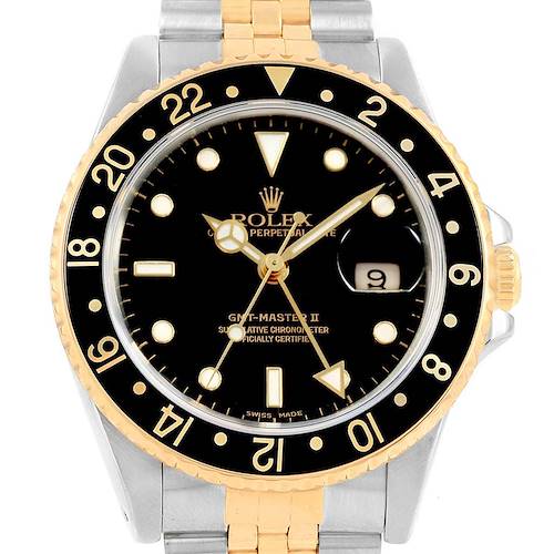 The image shows the front view of a Rolex GMT-Master 16713 Men's Stainless Steel Black Dial 16713 Men's Stainless Steel Black Dial II, highlighting the dial, bezel, hands, and partial bracelet.