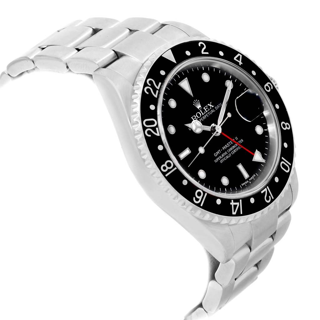 The Rolex GMT-Master 16710 Men's Stainless Steel Black Dial 16710 Men's Stainless Steel Black Dial watch is shown at an angled side view, highlighting the face, bezel, bracelet, and clasp.