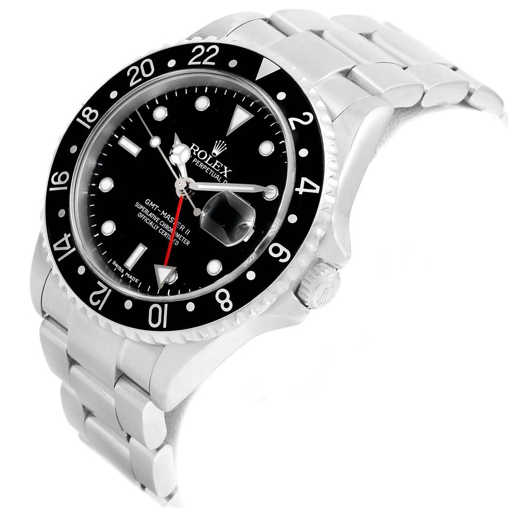 The image shows a front angled view of the Rolex GMT-Master 16710 Men's Stainless Steel Black Dial 16710 Men's Stainless Steel Black Dial II watch, highlighting the dial, bezel, and bracelet.