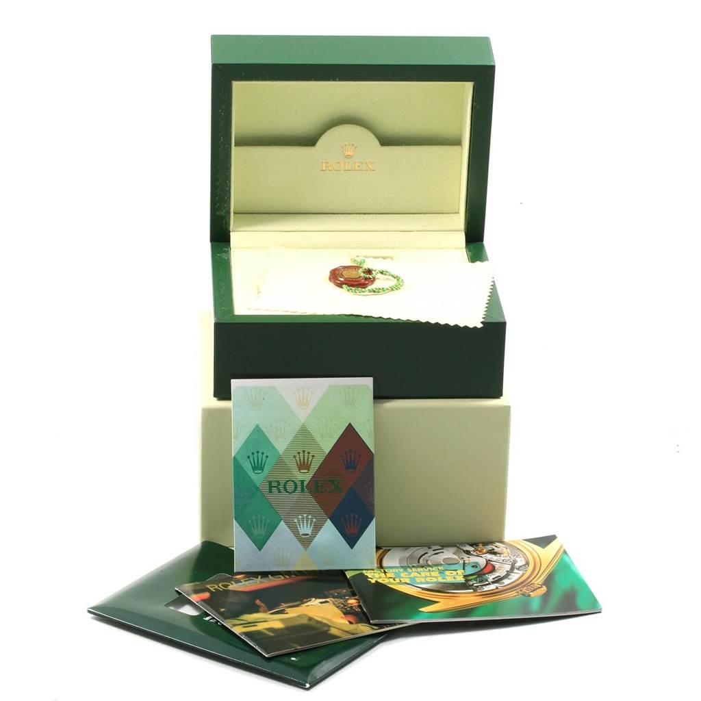 The image shows the accessories for a Rolex GMT-Master 16710 Men's Stainless Steel Black Dial 16710 Men's Stainless Steel Black Dial, including the green box, warranty card, manuals, and cloth.