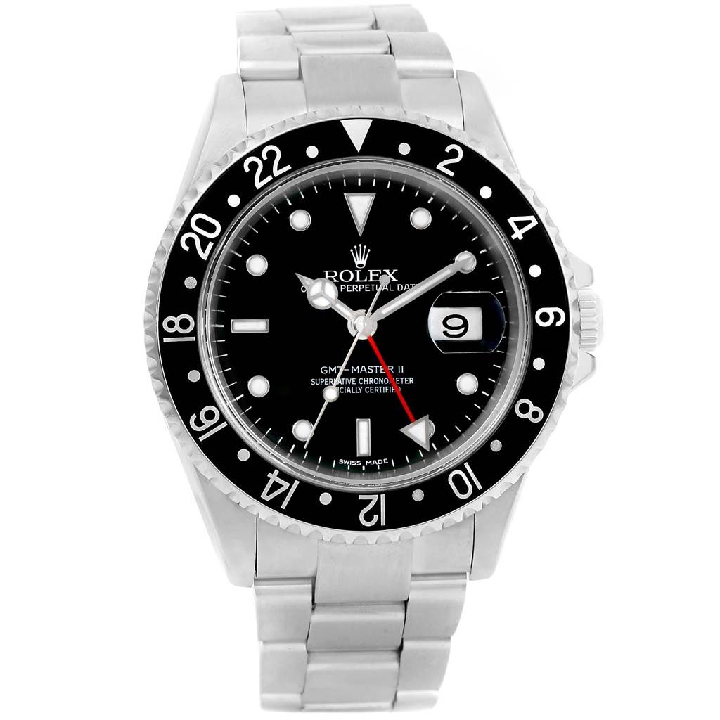 The image shows a front view of a Rolex GMT-Master 16710 Men's Stainless Steel Black Dial 16710 Men's Stainless Steel Black Dial II watch, highlighting its bezel, dial, and bracelet.