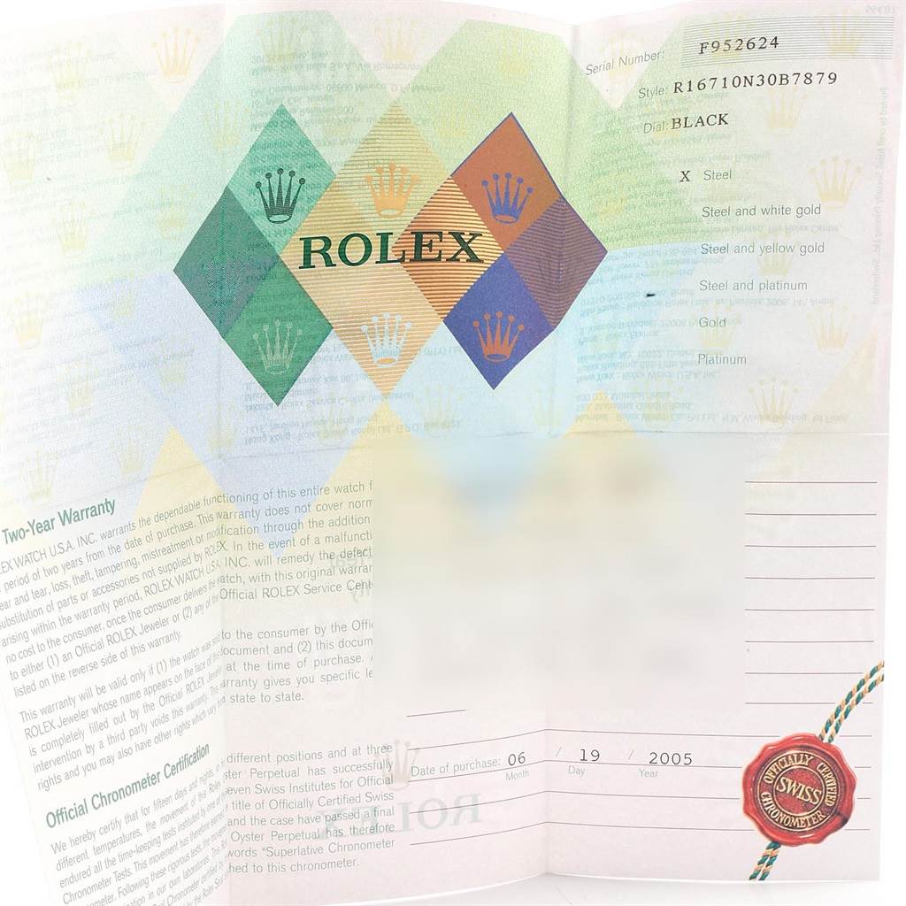 The image shows the warranty card for a Rolex GMT-Master 16710 Men's Stainless Steel Black Dial 16710 Men's Stainless Steel Black Dial watch, including details like the serial number, style, and purchase date.