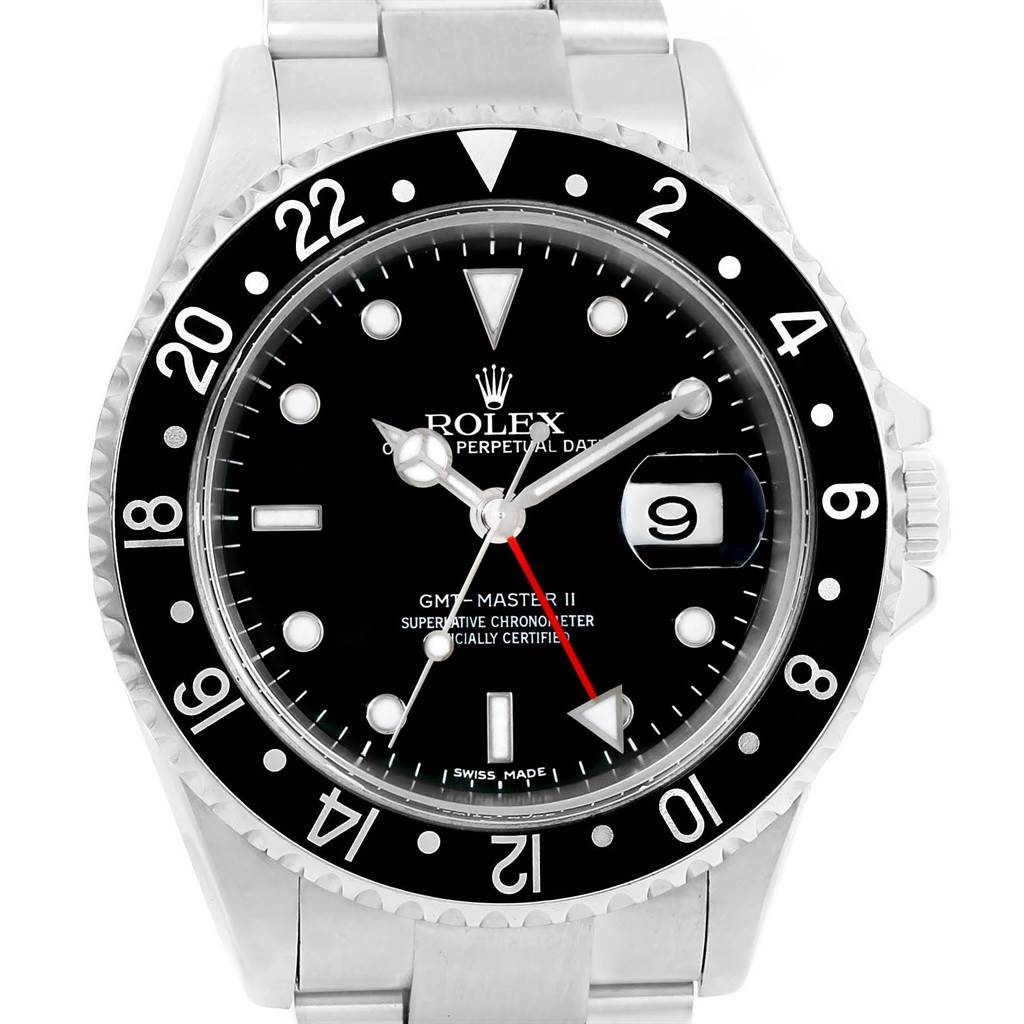 This is a head-on view of a Rolex GMT-Master 16710 Men's Stainless Steel Black Dial 16710 Men's Stainless Steel Black Dial II, showing the face, bezel, dial, hands, and bracelet.