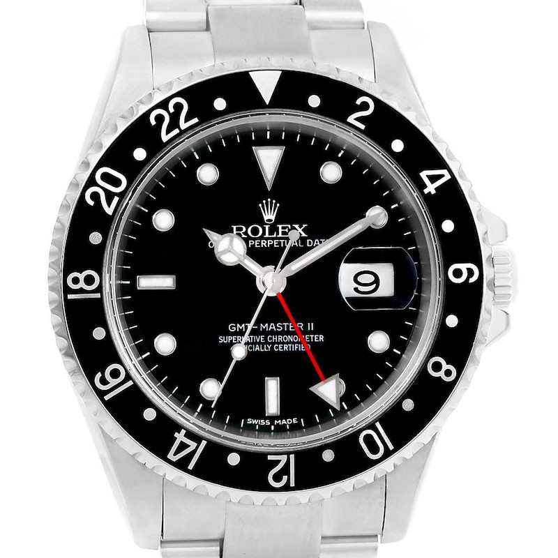 This is a head-on view of a Rolex GMT-Master 16710 Men's Stainless Steel Black Dial 16710 Men's Stainless Steel Black Dial II, showing the face, bezel, dial, hands, and bracelet.