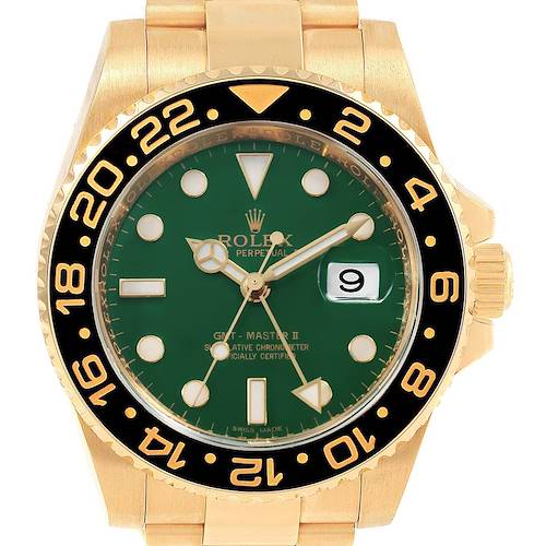 The image shows a front view of the Rolex GMT-Master 116718LN Men's Yellow Gold Green Dial 116718LN Men's Yellow Gold Green Dial II watch in gold with a green dial and a black and gold bezel.